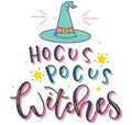 Hocus Pocus Witches, multicolored lettering and wizard hat, vector stock illustration.