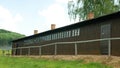 HODONIN KUNSTATU, CZECH REPUBLIC, APRIL 10, 2023: Concentration camp labour Gypsy replica barrack, wooden beds windows