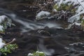 Hodslavsky creek with snow and ice in snowy winter day in Sumava national park Royalty Free Stock Photo