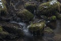 Hodslavsky creek with snow and ice in snowy winter day in Sumava national park Royalty Free Stock Photo