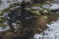 Hodslavsky creek with snow and ice in snowy winter day in Sumava national park Royalty Free Stock Photo