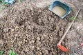 Hoe and clam-shell shaped basket on pile crushed stone Royalty Free Stock Photo