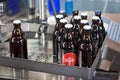 HOEGAARDEN, BELGIUM - SEPTEMBER 04, 2014: Bottles with belgian Nieuwhuys Rosdel beer on the conveyor line on the brewery. Royalty Free Stock Photo