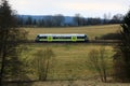 Hoellenthal, Germany - March 10, 2024: Regional RB97 train arrives to Hoelle, a village in Upper Franconia region of Hof, Bavaria