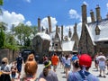 Hogsmeade at Wizarding World of Harry Potter at Universal Studios with people wearing face masks