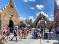 Hogsmeade at Wizarding World of Harry Potter at Universal Studios with people wearing face masks