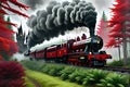 Hogwarts Express Steam Train Emerging from a Misty Forest, Vivid Reds and Blacks of the Locomotive Contrasting the Enchantment