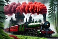 Hogwarts Express Steam Train Emerging from a Misty Forest, Vivid Reds and Blacks of the Locomotive Contrasting the Enchantment