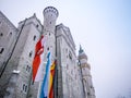 HOHENSCHWANGAU, GERMANY - 23 FEBUARY 2018: Neuschwanstein Castle in winter Close-up. Germany and EU flag.The destination famous ca