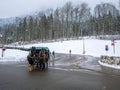 HOHENSCHWANGAU, GERMANY - 23 FEBUARY 2018: Tourists on a horse-drawn carriage at the Neuschwanstein Castle in Hohenschwangau, Germ