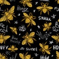 Hohey bee golden embroidery seamless pattern textile fabrics orn Royalty Free Stock Photo