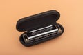 Hohner professional diatonic Rocket harmonica lies in an open black case.