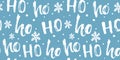 Hohoho seamless pattern for Christmas gifts wrapping, fabric and paper. Funny blue background with white text and