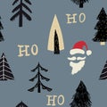 Hohoho seamless pattern, Santa Claus laugh. Santa red hat, white beard, mustache, pine, fir. Vector illustration