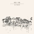 Hoi An, ancient seaside fishing village, Vietnam. Old town riverside. Historic district. Waterfront houses, river. Hand drawn