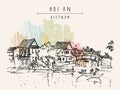 Hoi An, ancient seaside fishing village, Vietnam. Old town riverside. Historic district. Waterfront houses, river. Hand drawn