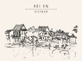 Hoi An, ancient seaside fishing village, Vietnam. Old town riverside. Historic district. Waterfront houses, river. Hand drawn Royalty Free Stock Photo