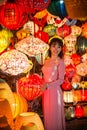 Hoi An - the city of chinese lanterns.A bride posing for pictures with lanterns Royalty Free Stock Photo