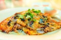Hoi Tod, Pan fired crispy mussel or crispy fried mussel pancake with egg Royalty Free Stock Photo