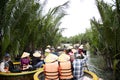 HOI AN,VIETNAM-December 9,2019: Tourists enjoy round basket boat Made of bamboo is a unique Vietnamese at Cam thanh village