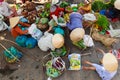 Hoi An, Vietnam - 13 May 2014: Flower vendors and food vendors selling products at Hoi An market