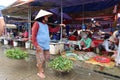 A woman carries the typical Vietnamese scale full of vegetables at the Ba Le market in Hoi An