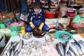 A woman cleans fish at her stall in the Ba Le market in Hoi An Royalty Free Stock Photo