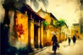 Hoi An, Vietnam. Vintage painting, background illustration, beautiful picture, travel texture