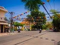 HOIAN, VIETNAM, SEPTEMBER, 04 2017: Street view with old houses, and colorful lanters made of paper, in Hoi An ancient