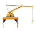 Hoisting crane icon. Construction crane. Equipment in flat style. Yellow industrial heavy machine. Lifter doing heavy