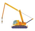 Hoisting crane icon. Construction crane. Equipment in flat style. Yellow industrial heavy machine. Lifter doing heavy