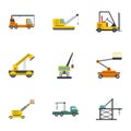 Hoisting crane icons set, cartoon style