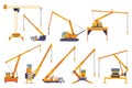 Hoisting crane icons set. Construction crane. Equipment in flat style. Yellow industrial heavy machine. Various lifters Royalty Free Stock Photo