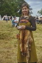 Hojbjerg, Denmark, August, 2022: Beautiful viking woman with fox skin