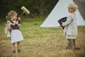 Hojbjerg, Denmark, August, 2022: Children playing at viking festival