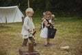 Hojbjerg, Denmark, August, 2022: Children playing at viking festival