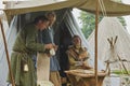 Hojbjerg, Denmark, July 29, 2023: Tribe in tent at the viking festival