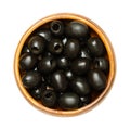 Hojiblanca, pitted black olives, Spanish table olives in wooden bowl Royalty Free Stock Photo