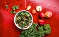 Hokkaido apple and quinoa salad with kale, pomegranate, spring onion and toasted sunflower seeds. Healthy homemade food. Vegan Royalty Free Stock Photo