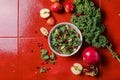 Hokkaido apple and quinoa salad with kale, pomegranate, spring onion and toasted sunflower seeds. Healthy homemade food. Vegan Royalty Free Stock Photo