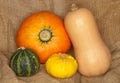 Hokkaido, butternut and warty pumpkins