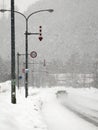 Fixed-post delineators or fletchings used on a road in Hokkaido, Japan