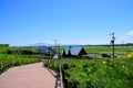 Hokkaido, Japan - 26 JULY 2017 : Summer view from Koshimizu primeval flower garden towards Genseikaen station and Tofutsu lake. Royalty Free Stock Photo