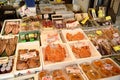 seafood market displays fresh crab, fish and processing food