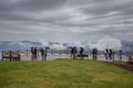 hokkaido japan - october 6,2018 : large number of tourist standing on wood terrace of viewpiont sport in showa shinzan vulcano pa Royalty Free Stock Photo