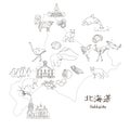 Hokkaido, Northern island of Japan - travel map black and white sketch illustration