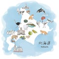 Hokkaido, Northern island of Japan - travel map watercolor illustration