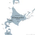 Hokkaido, second largest island of Japan, gray political map