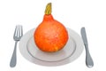 Hokkaido pumpkin on plate with fork and knife, 3D rendering