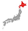 Hokkaido red highlighted in map of Japan